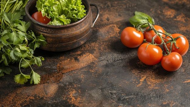 Un plato de verduras, incluidos tomates y lechuga, está en una mesa