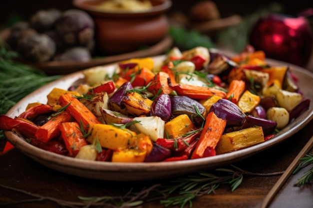 Un plato de verduras en una mesa de madera