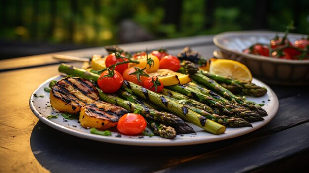 Plato de verduras a la parrilla y espárragos en