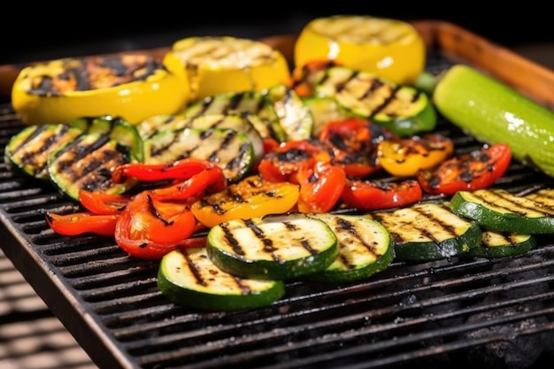 Plato de verduras a la parrilla con humo que se eleva desde los calabacines a la parrilla