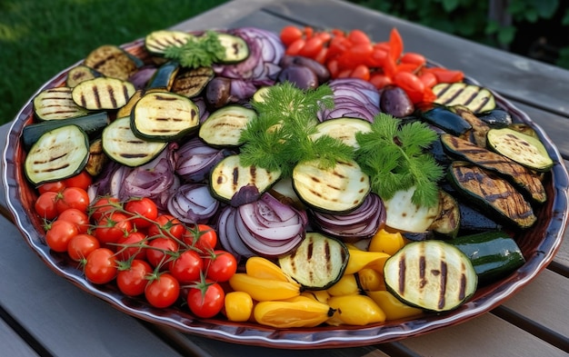 Un plato de verduras a la parrilla con verduras a la parrilla.