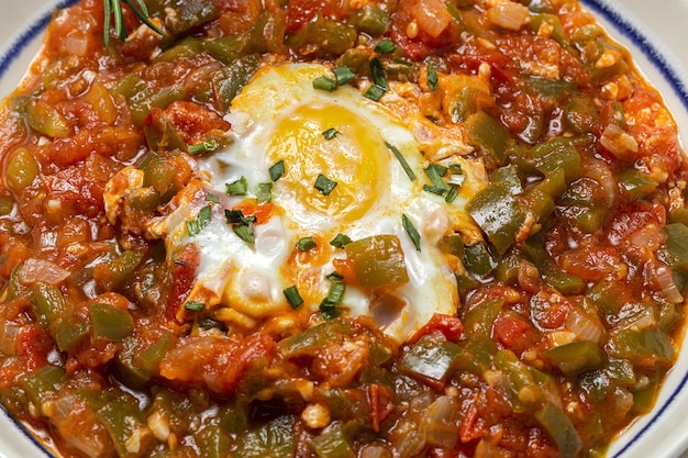 Plato de verduras pisto manchego a base de tomates, calabacines, pimientos, cebollas con huevo frito. Comida tipica española