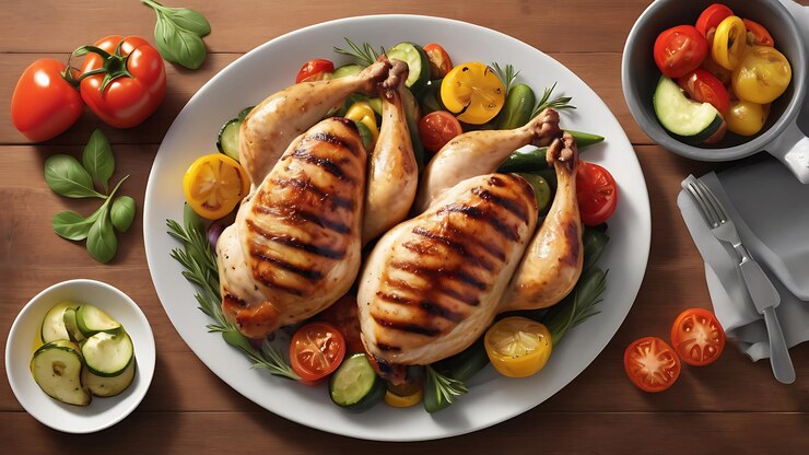 un plato de verduras de pollo a la parrilla y un tazón de verduras