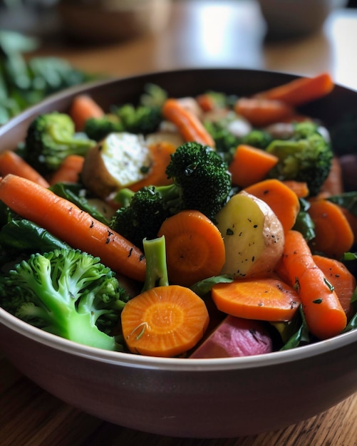 Un plato de verduras con una ramita de perejil al lado.