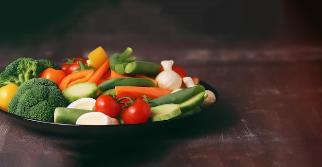 Un plato de verduras sobre una mesa con un fondo negro.