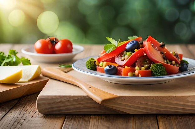 Un plato de verduras con tomates y queso en una mesa de madera