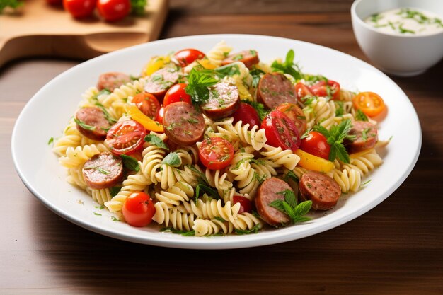 Un plato vibrante de ensalada de pasta