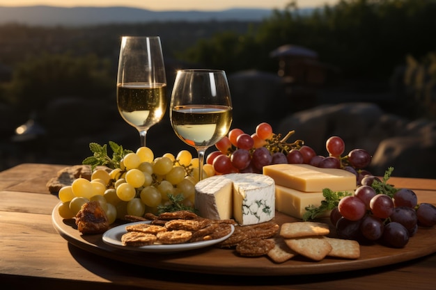 Plato de vino y queso con un pintoresco telón de fondo de viñedo IA generativa