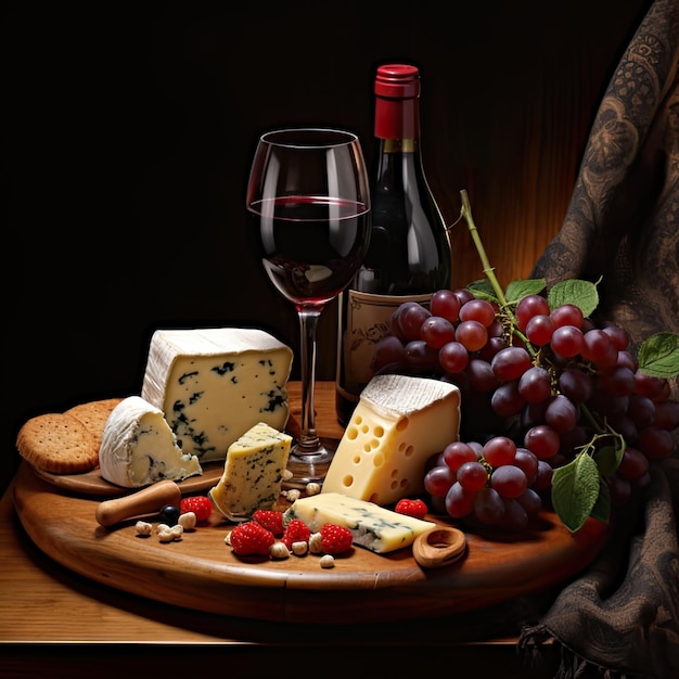Plato de vino y queso con uvas