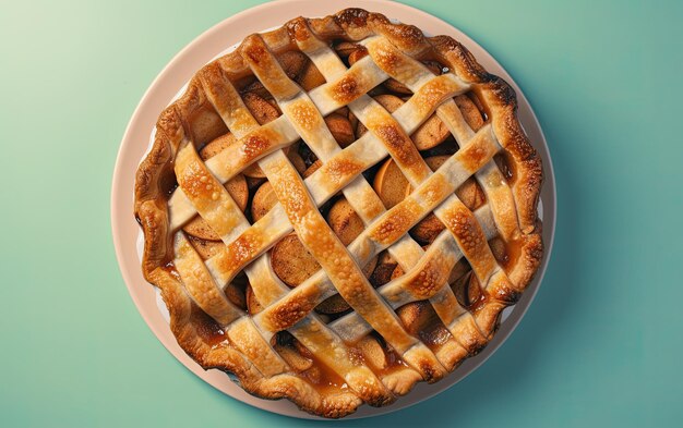 Un plato de vista superior de un sabroso pastel de manzana en un fondo pastel generado por una foto profesional de comida