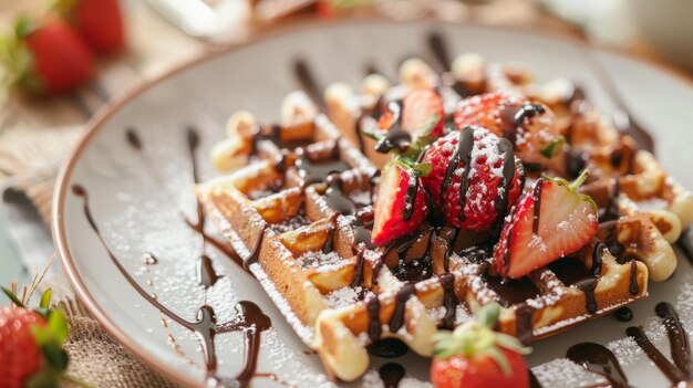 Un plato de waffles con fresas y jarabe de chocolate