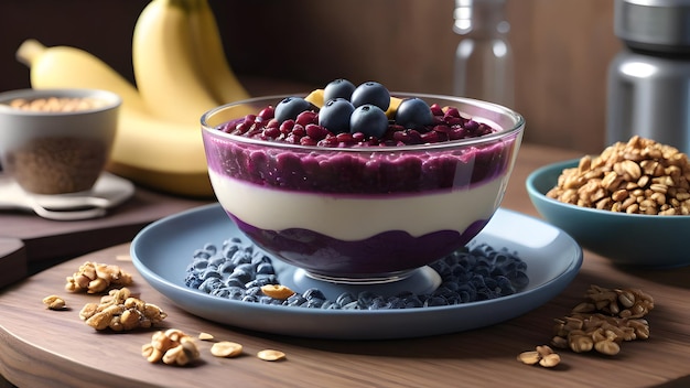 un plato de yogur de frambuesa con un plato azul de fruta