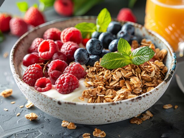 Foto un plato de yogur con frambuesas y arándanos en un plato