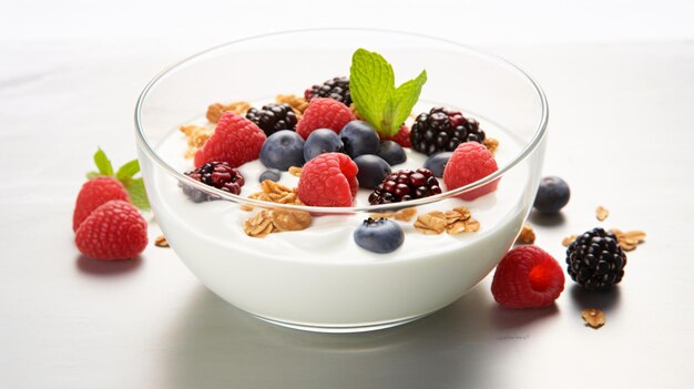 Un plato de yogur saludable con granola y bayas