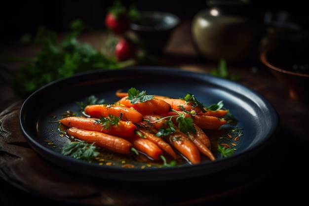 Un plato de zanahorias con una guarnición de hierbas de hojas verdes.