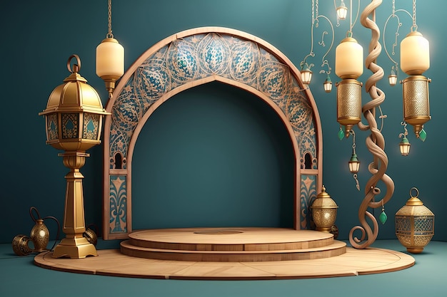 Platofrom pódio 3d com lanterna pendurada para fundo eid mubarak