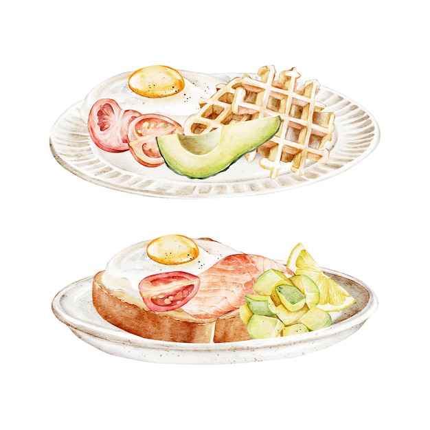 Platos de acuarela con un desayuno saludable huevos de salmón tomates aguacate tostadas gofreros Ilustración dibujada a mano para el menú de desayuno libro de cocina cartel de diseño de mercado carteles