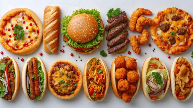 Platos aislados de comida rápida en fondo blanco, incluida la hamburguesa de queso, el pavo asado, el shawarma, el sándwich, la pizza, las rebanadas de taco, los nuggets de pollo, los hotdogs.