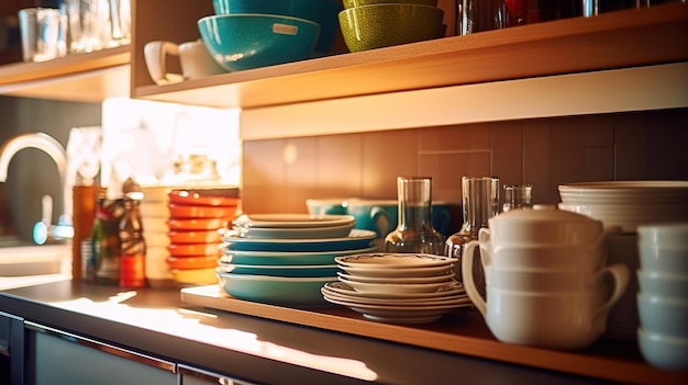 Platos de colores en los estantes de un armario de cocina blanco abierto Ai generativo