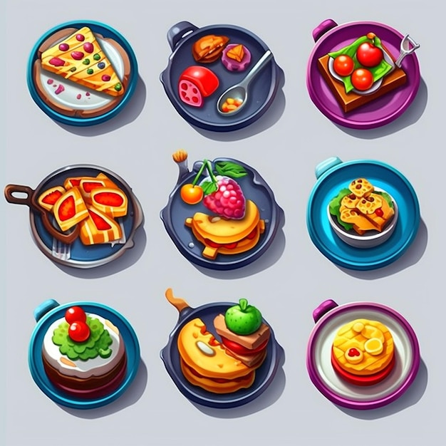 Platos de comida coloridos con fondo blanco arte del juego