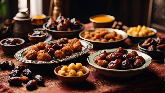 Foto platos de comida de iftar en la mesa con dátiles