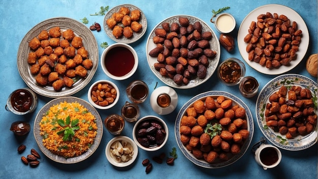 Foto platos de comida de iftar en la mesa con dátiles