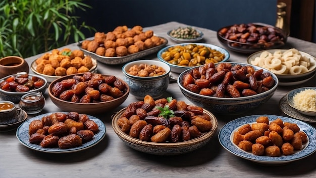 Platos de comida de iftar en la mesa con dátiles