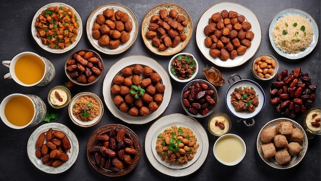 Foto platos de comida de iftar en la mesa con dátiles