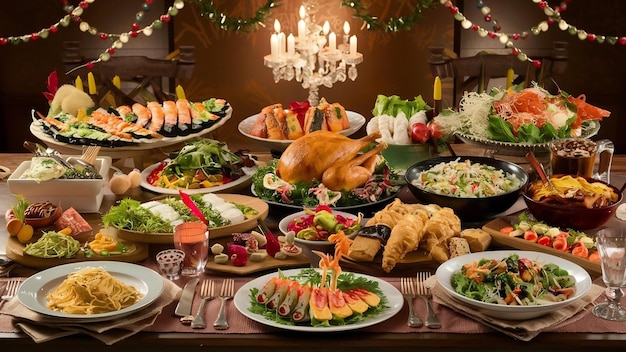 Platos con comida variada en la mesa de celebración