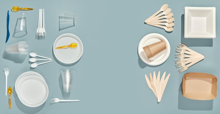 Foto platos desechables de plástico y papel alternativa biodegradable al plástico concepto de cero residuos