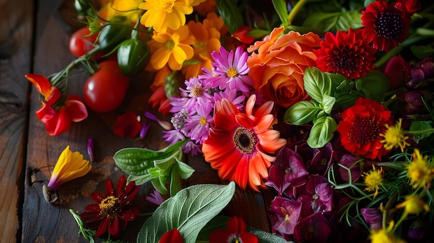 Platos elevados con pétalos vibrantes y hojas perfumadas para el deleite visual y los sabores exquisitos