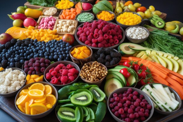 Platos de frutas y verduras maduras en una variedad de colores y formas creados con IA generativa