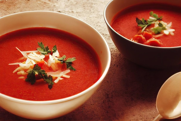 Platos hondos llenos de deliciosa sopa de gazpacho tradicional española hecha con tomates maduros