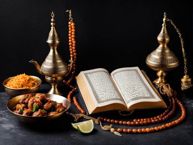 Platos orientales tradicionales con un libro del Corán en la mesa