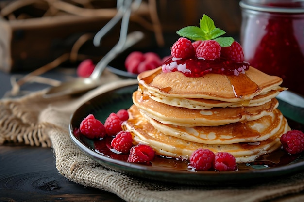 Platos de panqueques con mermelada de frambuesa y batido