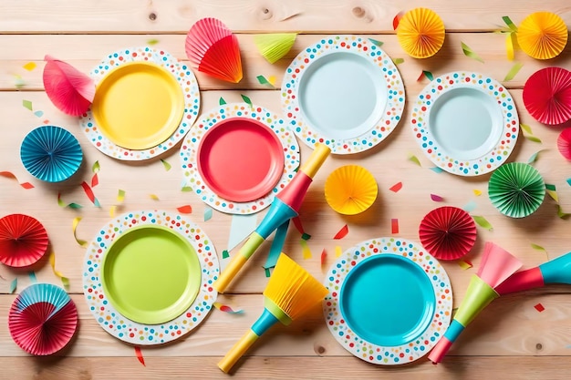 Platos de papel de colores sobre una mesa de madera con platos de papel de colores y platos de papel de colores.