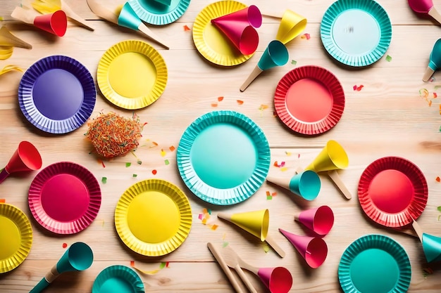 Platos de papel con platos de papel sobre una mesa de madera