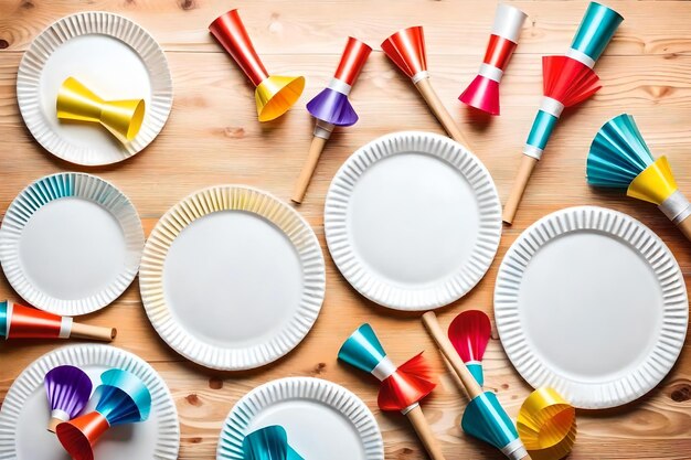 Platos de papel sobre una mesa de madera con cintas de colores y un sombrero de colores.