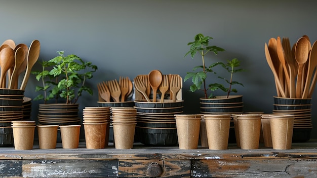 Los platos de papel, las tazas, las cajas y los cubiertos de madera son todos utensilios de mesa desechables biodegradables.