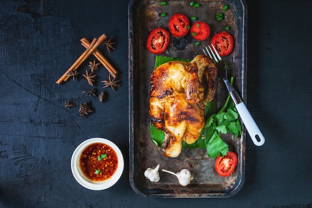 Platos de pollo a la parrilla y salsa del horno sobre un fondo negro