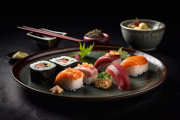 Platos con rollos de sashimi de sushi de cocina japonesa IA generativa