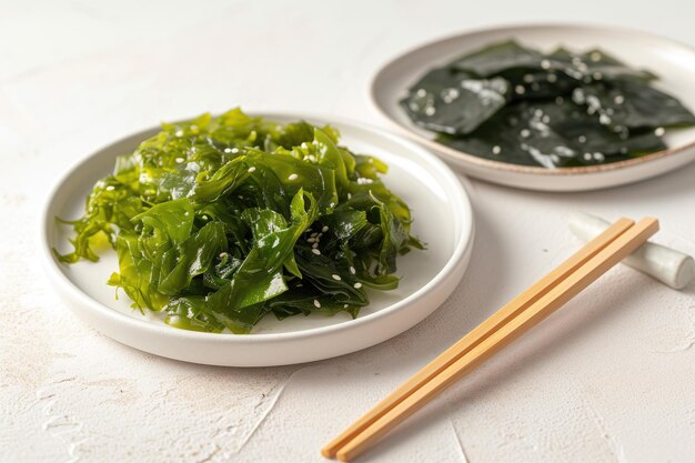 Platos de súper comida con ensalada de algas verdes y papas fritas de algas nori sobre un fondo blanco
