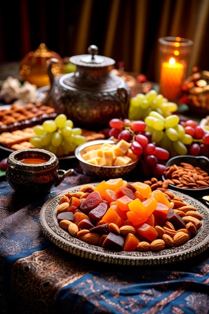 Foto platos tradicionales de iftar en un mantel incluyendo dátiles samosas frutas frescas y dulces tradicionales