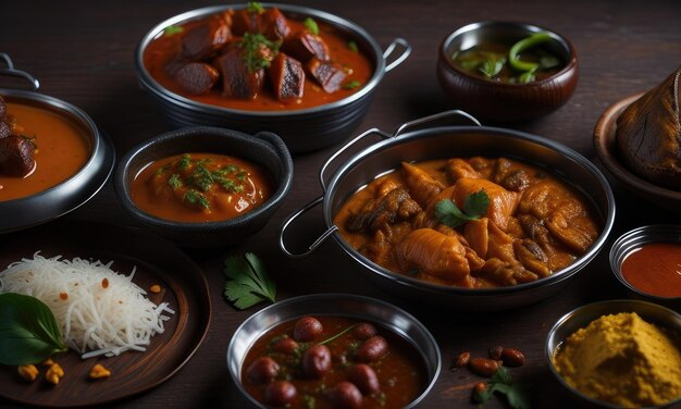 Los platos tradicionales indios en la mesa de madera