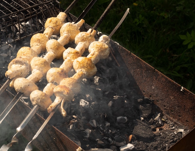 Platos vegetarianos de deliciosos champiñones, champiñones cocinados sobre carbón a la parrilla.