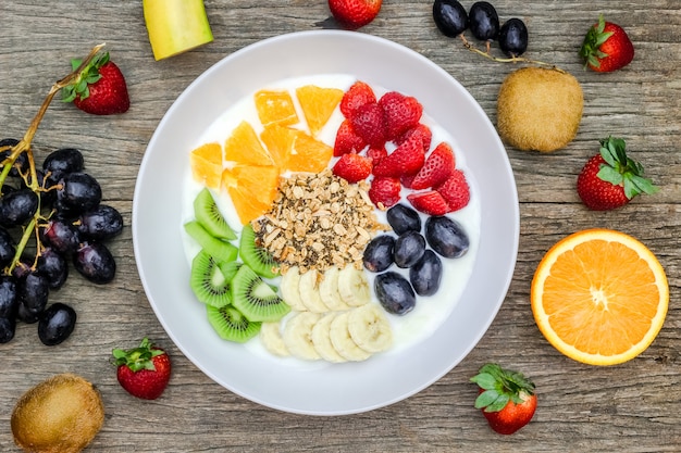 Platte des natürlichen weißen Joghurts mit Müsli, Orange, Banane, Kiwi, Erdbeeren und Trauben trägt Früchte. Joghurt und Obst als Zutaten rund um den Teller. Ansicht von oben. Gesundes Konzept.