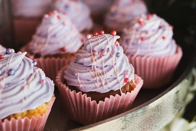 Platte mit Cupkaces mit violetter Buttercreme, Nahaufnahme. Candy Bar und Catering-Konzept für Geburtstag, Hochzeit und andere Feiertagsfeiern