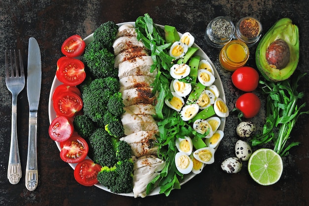 Platte mit einem Ketodiätfutter. Eine Reihe von Produkten für die ketogene Ernährung auf einem Teller. Kirschtomaten, gekochter Brokkoli, gedämpfte Hühnerbrust, Salat mit Rucola, Avocado und Wachteleiern. Keto-Mittagessen.