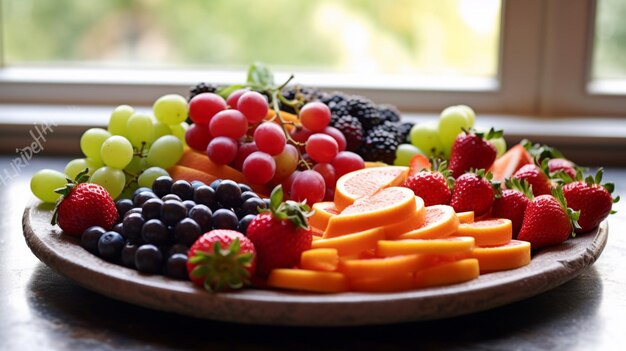 Foto platte mit frischem obst und gemüse perfekt