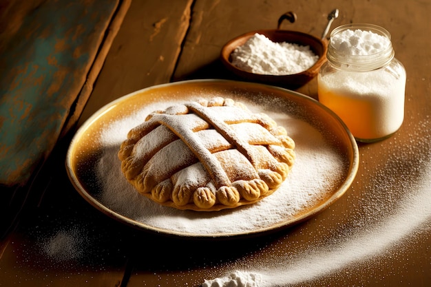 Platte mit geflochtenem Ale Pie in Puderzucker hausgemachten Kuchen